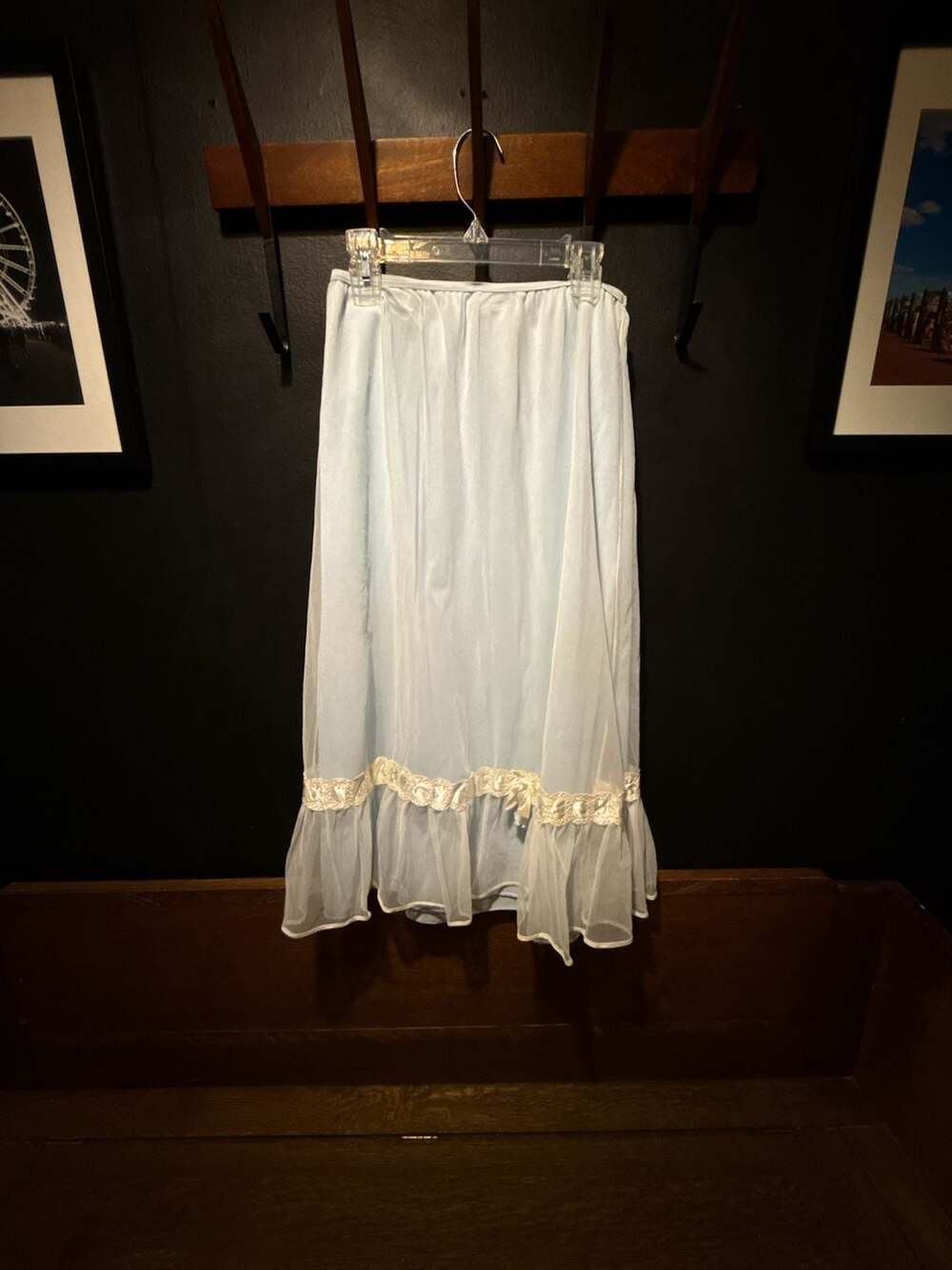 Vintage Pale Blue Lingerie Half Slip Skirt with Lace Ruffle Trim